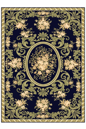 Tapis de Salon Oriental Bleu Marine et Vert Olive — Motif Médaillon Floral Baroque — Grand Tapis Antidérapant