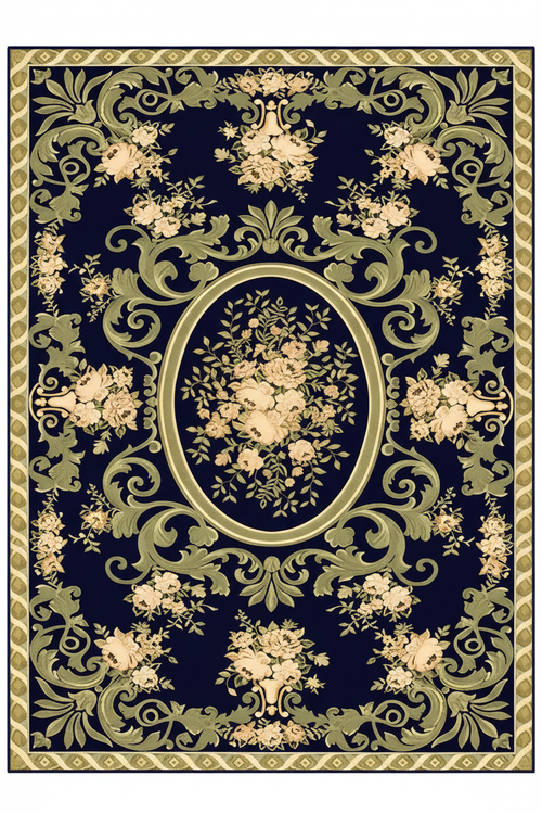 Tapis de Salon Oriental Bleu Marine et Vert Olive — Motif Médaillon Floral Baroque — Grand Tapis Antidérapant