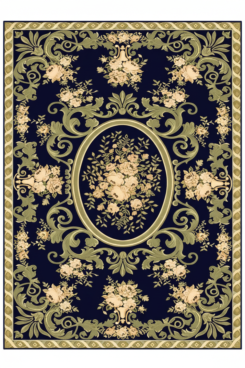 Tapis de Salon Oriental Bleu Marine et Vert Olive — Motif Médaillon Floral Baroque — Grand Tapis Antidérapant