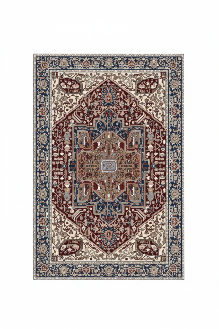 Tapis de Salon Oriental Bordeaux et Bleu Marine — Motif Médaillon Losange Classique — Grand Tapis Antidérapant
