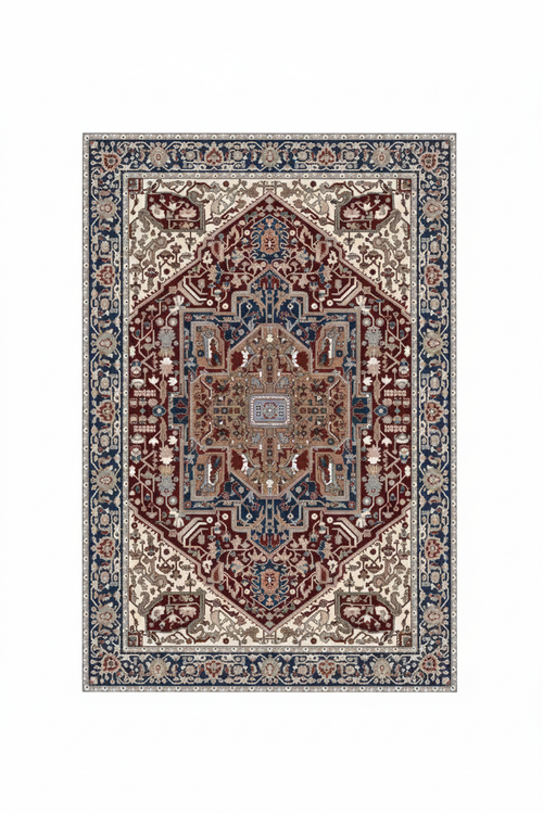 Tapis de Salon Oriental Bordeaux et Bleu Marine — Motif Médaillon Losange Classique — Grand Tapis Antidérapant