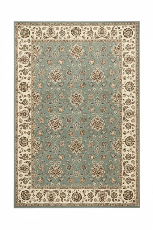 Tapis de Salon Oriental Vert d'Eau et Crème — Motif Floral Classique — Grand Tapis Antidérapant