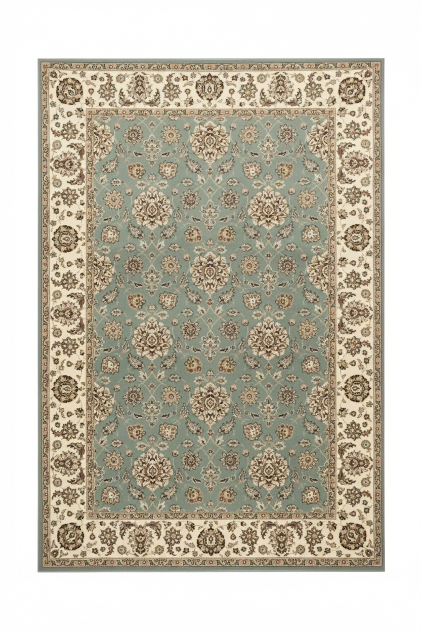 Tapis de Salon Oriental Vert d'Eau et Crème — Motif Floral Classique — Grand Tapis Antidérapant