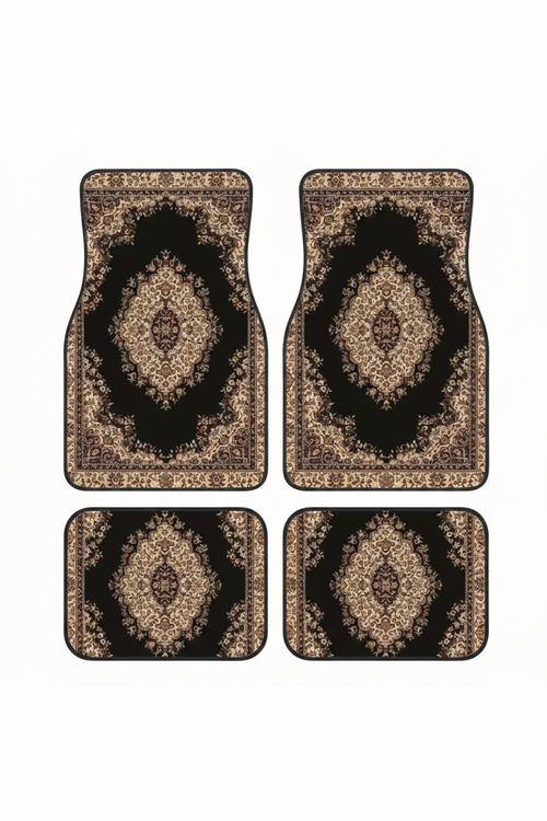 Tapis de Voiture Oriental Noir et Doré — Lot de 4 Tapis Motif Médaillon Classique — Protection Sol Auto