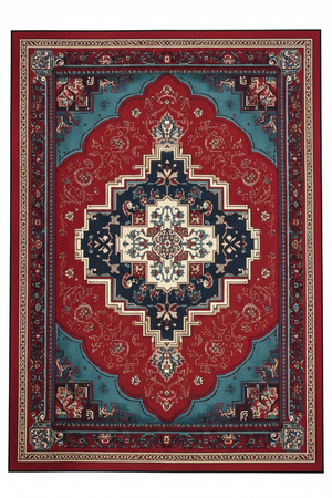 Tapis de Salon Oriental Rouge et Bleu Canard — Motif Médaillon Géométrique — Grand Tapis Antidérapant
