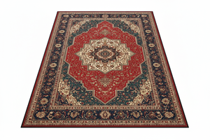 Tapis de Salon Oriental Rouge et Bleu Nuit — Motif Médaillon Floral Vintage — Grand Tapis Antidérapant