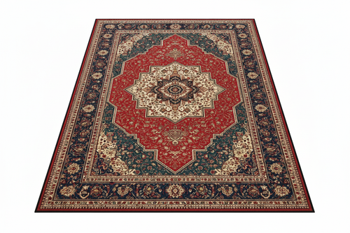 Tapis de Salon Oriental Rouge et Bleu Nuit — Motif Médaillon Floral Vintage — Grand Tapis Antidérapant