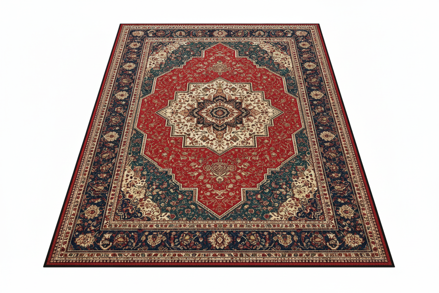 Tapis de Salon Oriental Rouge et Bleu Nuit — Motif Médaillon Floral Vintage — Grand Tapis Antidérapant