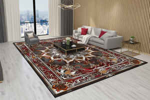 Tapis de Salon Oriental Rouge et Argent — Motif Médaillon Étoilé Luxe — Grand Tapis Antidérapant