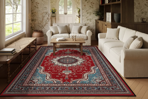 Tapis de Salon Oriental Rouge et Bleu Turquoise — Motif Médaillon Vintage — Grand Tapis Antidérapant