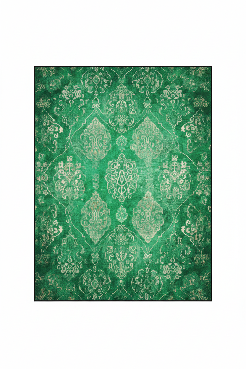 Tapis de Salon Oriental Vert et Doré — Motif Floral Marbré Vintage — Grand Tapis Antidérapant