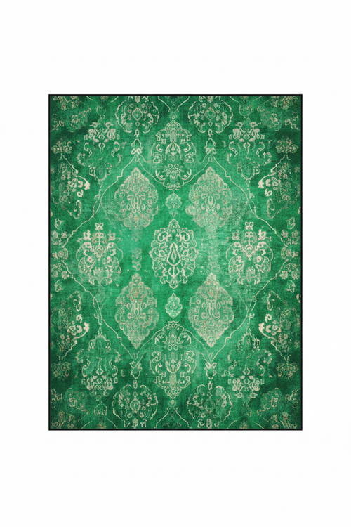 Tapis de Salon Oriental Vert et Doré — Motif Floral Marbré Vintage — Grand Tapis Antidérapant