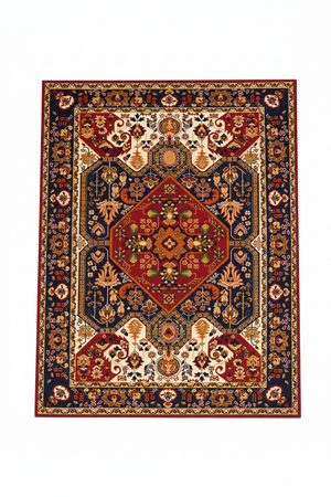 Tapis de Salon Oriental Rouge et Bleu Marine — Motif Médaillon Losange Floral — Grand Tapis Antidérapant