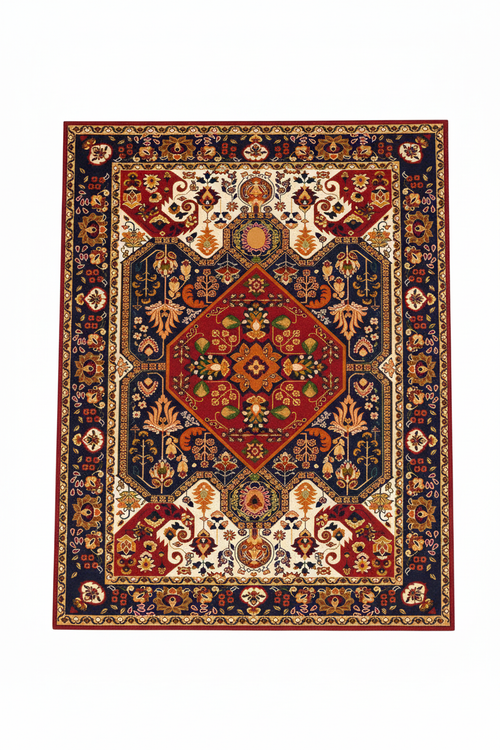 Tapis de Salon Oriental Rouge et Bleu Marine — Motif Médaillon Losange Floral — Grand Tapis Antidérapant