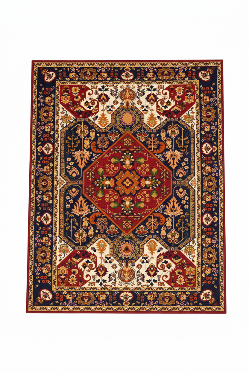 Tapis de Salon Oriental Rouge et Bleu Marine — Motif Médaillon Losange Floral — Grand Tapis Antidérapant
