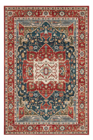 Tapis de Salon Oriental Rouge et Bleu Marine — Motif Médaillon Losange Vintage — Grand Tapis Antidérapant