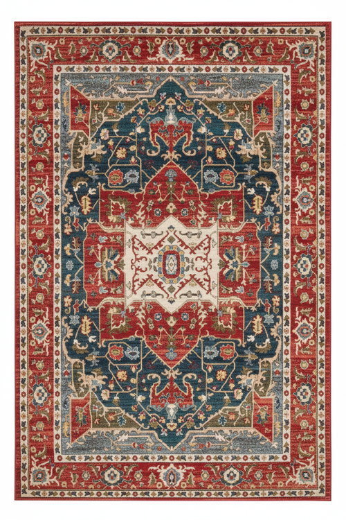 Tapis de Salon Oriental Rouge et Bleu Marine — Motif Médaillon Losange Vintage — Grand Tapis Antidérapant