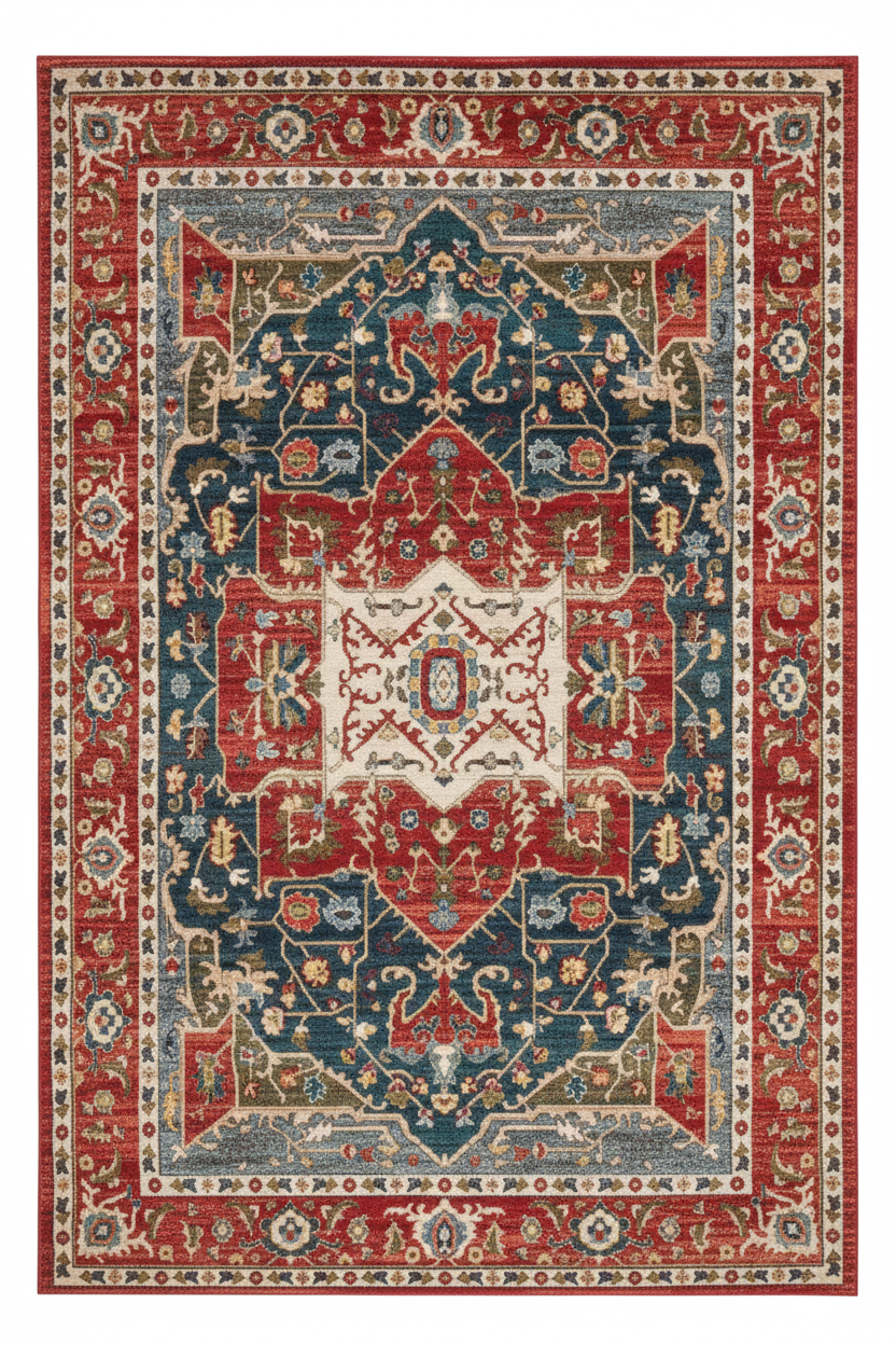 Tapis de Salon Oriental Rouge et Bleu Marine — Motif Médaillon Losange Vintage — Grand Tapis Antidérapant