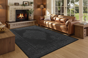 Tapis de Salon Oriental Noir — Motif Médaillon Vintage Délavé — Grand Tapis Antidérapant