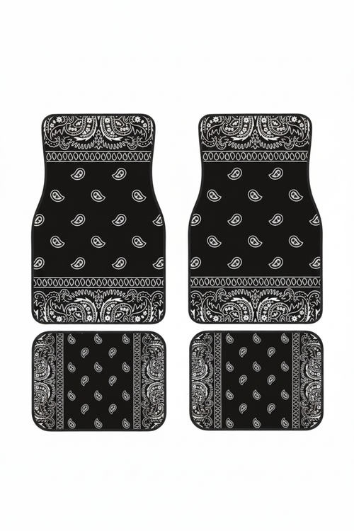 Tapis de Voiture Oriental Noir — Lot de 4 Tapis Motif Paisley Graphique — Protection Sol Auto