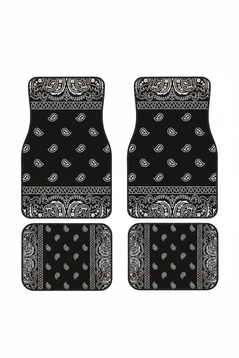 Tapis de Voiture Oriental Noir — Lot de 4 Tapis Motif Paisley Graphique — Protection Sol Auto