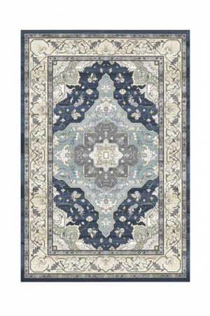 Tapis de Salon Oriental Bleu Ardoise et Crème — Motif Médaillon Losange Élégant — Grand Tapis Antidérapant