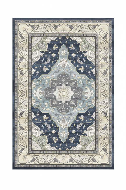 Tapis de Salon Oriental Bleu Ardoise et Crème — Motif Médaillon Losange Élégant — Grand Tapis Antidérapant