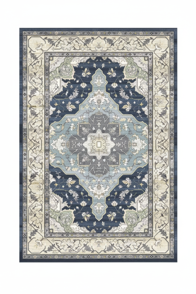 Tapis de Salon Oriental Bleu Ardoise et Crème — Motif Médaillon Losange Élégant — Grand Tapis Antidérapant