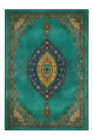 Tapis de Salon Oriental Turquoise et Or — Motif Médaillon Ornemental — Grand Tapis Antidérapant