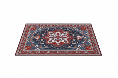 Tapis d'Entrée Oriental Bleu Marine et Rouge — Motif Médaillon Étoilé Vintage — Tapis d'Entrée Antidérapant