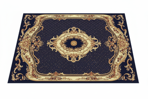 Tapis de Salon Oriental Bleu Marine et Or — Motif Médaillon Rond Ornemental — Grand Tapis Antidérapant