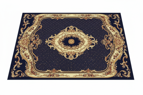 Tapis de Salon Oriental Bleu Marine et Or — Motif Médaillon Rond Ornemental — Grand Tapis Antidérapant