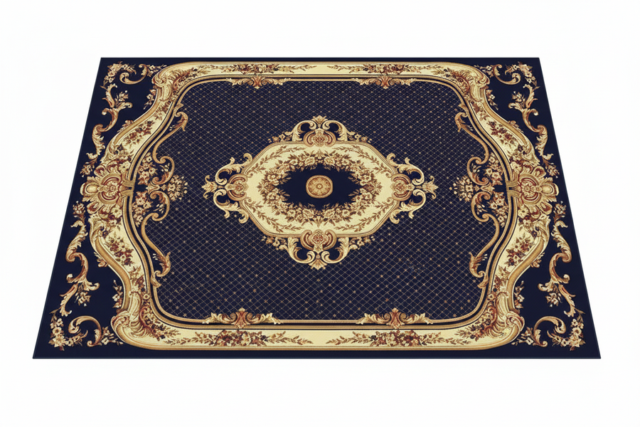 Tapis de Salon Oriental Bleu Marine et Or — Motif Médaillon Rond Ornemental — Grand Tapis Antidérapant