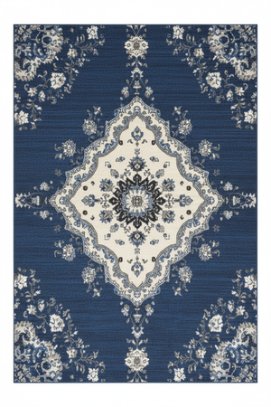 Tapis de Salon Oriental Bleu — Motif Médaillon Floral Délavé — Grand Tapis Antidérapant