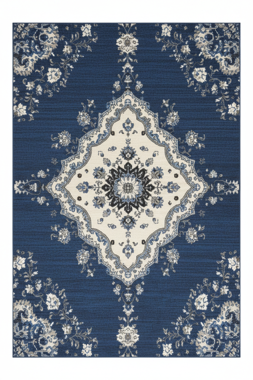 Tapis de Salon Oriental Bleu — Motif Médaillon Floral Délavé — Grand Tapis Antidérapant