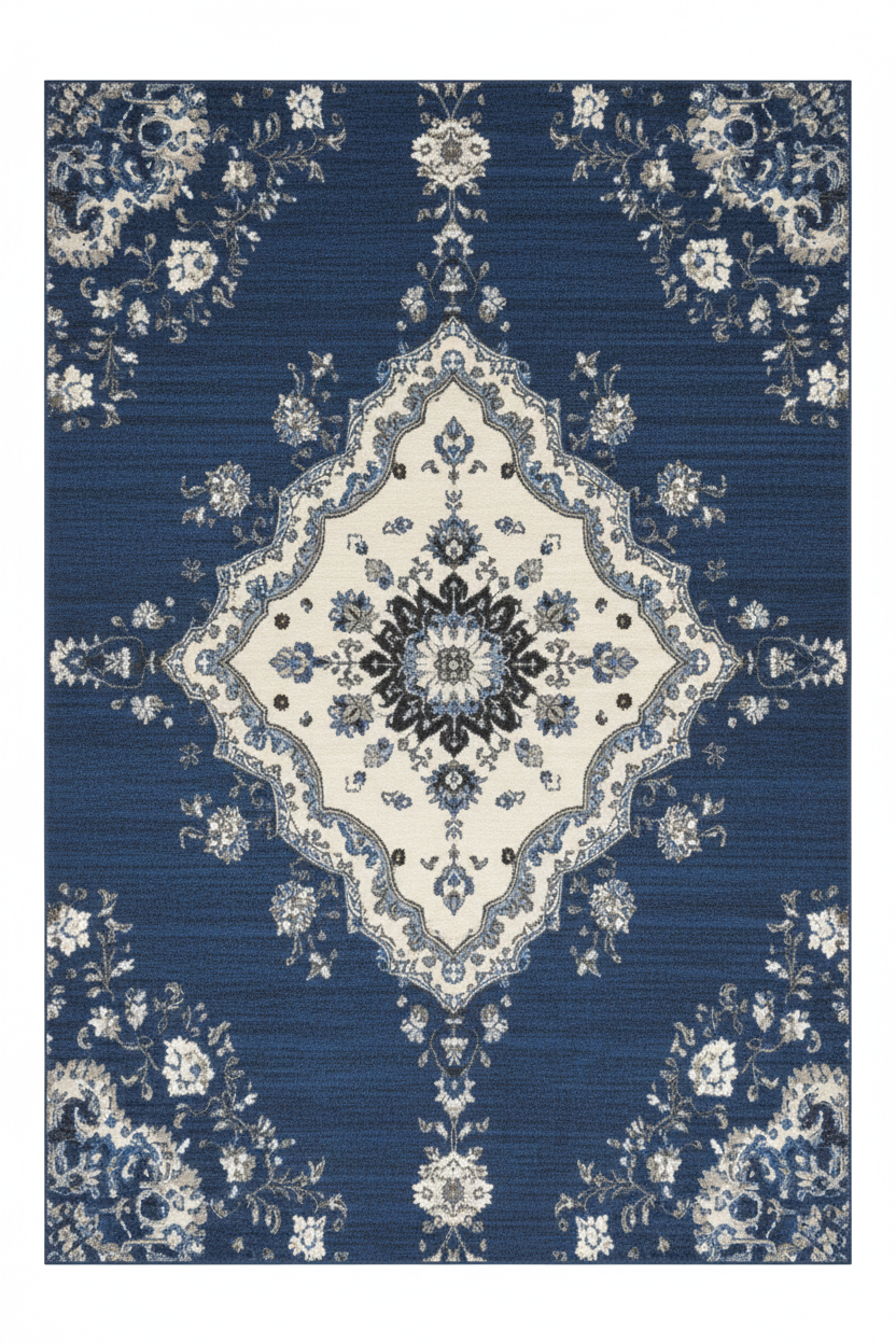 Tapis de Salon Oriental Bleu — Motif Médaillon Floral Délavé — Grand Tapis Antidérapant