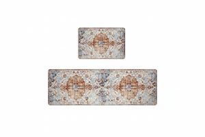 Tapis de Cuisine Oriental Terracotta et Bleu Pastel — Set 2 Pièces Motif Médaillon Vintage — Tapis Antidérapant