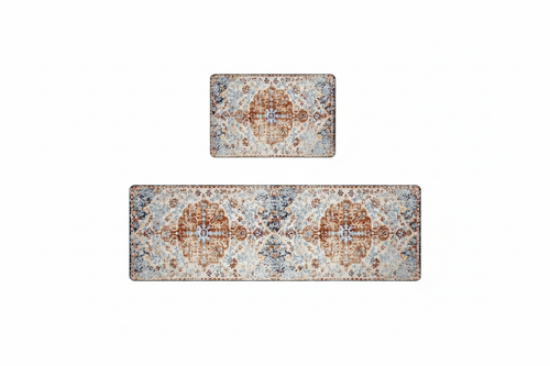 Tapis de Cuisine Oriental Terracotta et Bleu Pastel — Set 2 Pièces Motif Médaillon Vintage — Tapis Antidérapant