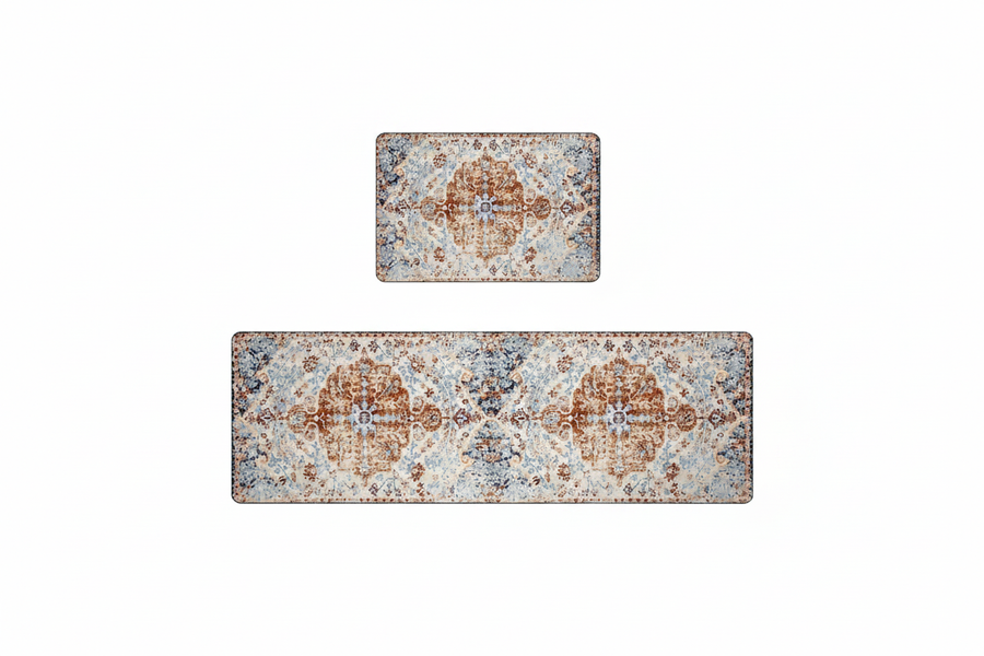 Tapis de Cuisine Oriental Terracotta et Bleu Pastel — Set 2 Pièces Motif Médaillon Vintage — Tapis Antidérapant