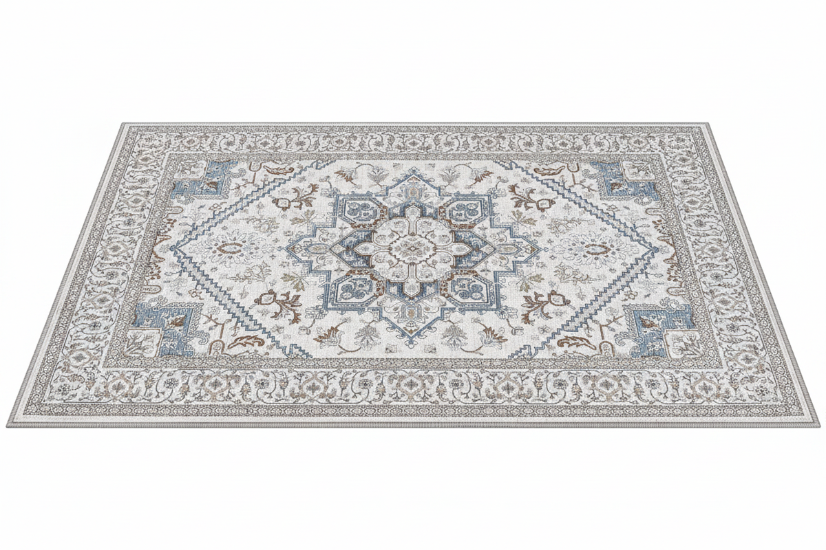 Tapis d'Entrée Oriental Blanc Cassé et Bleu — Motif Géométrique Boho Ethnique | Tapis Antidérapant