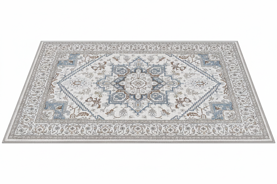 Tapis d'Entrée Oriental Blanc Cassé et Bleu — Motif Géométrique Boho Ethnique | Tapis Antidérapant