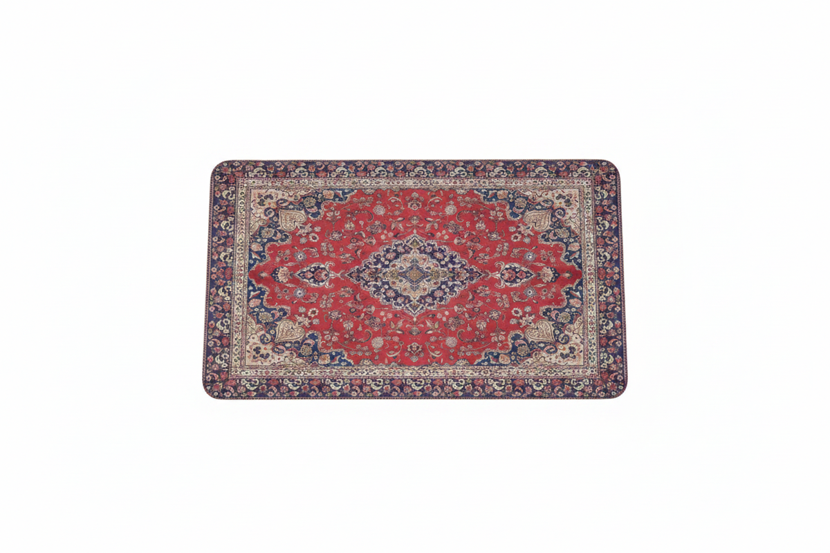Tapis de Bain Oriental Rouge et Bleu Marine — Motif Médaillon Ethnique — Tapis de Salle de Bain Antidérapant