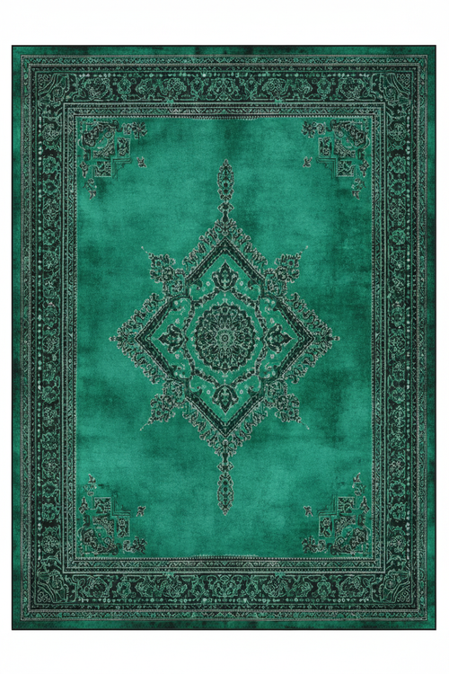 Tapis de Salon Oriental Vert Émeraude — Motif Médaillon Géométrique — Grand Tapis Antidérapant