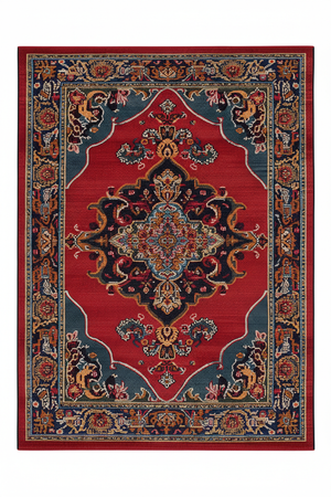 Tapis de Salon Oriental Rouge et Bleu Marine — Motif Médaillon Coloré Vintage — Grand Tapis Antidérapant