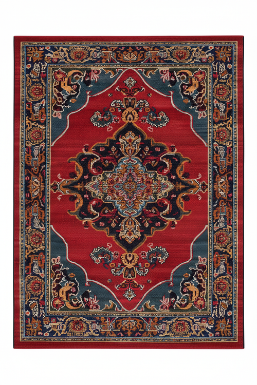 Tapis de Salon Oriental Rouge et Bleu Marine — Motif Médaillon Coloré Vintage — Grand Tapis Antidérapant