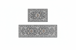 Tapis de Cuisine Oriental Gris Ethnique — Set 2 Pièces Motif Géométrique Boho — Tapis Antidérapant
