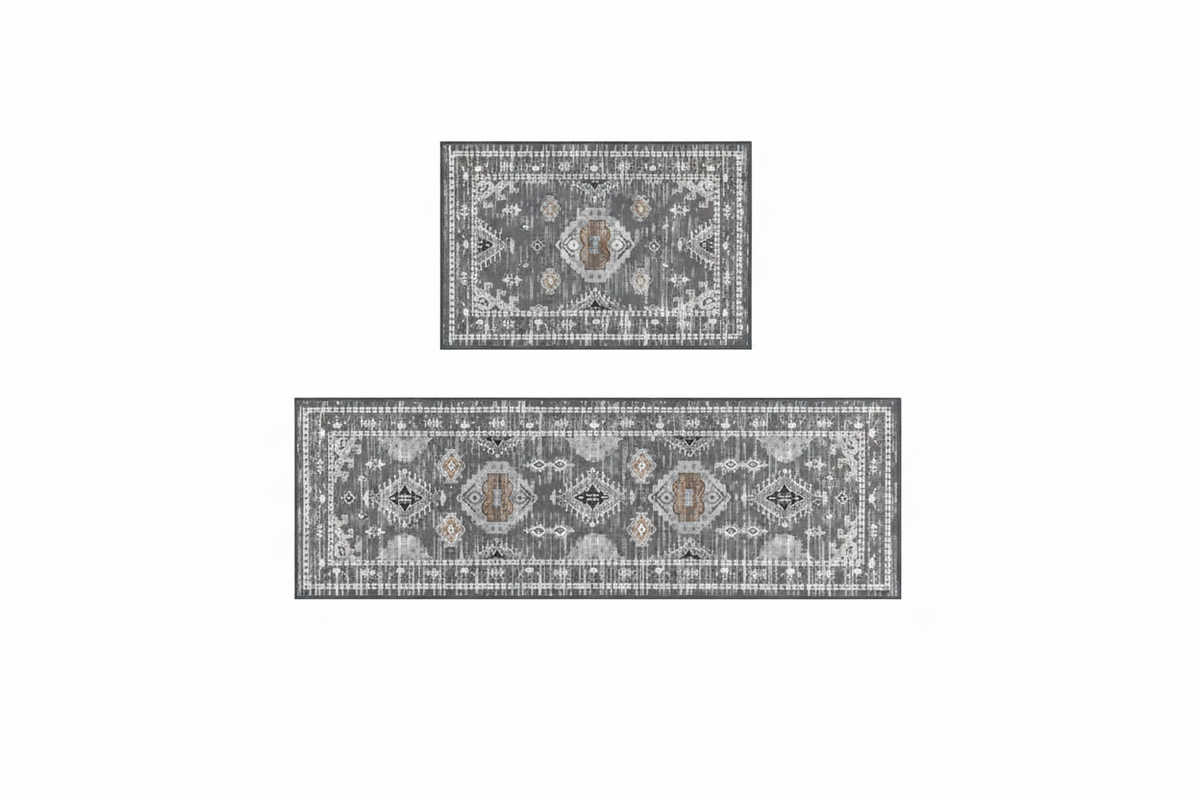 Tapis de Cuisine Oriental Gris Ethnique — Set 2 Pièces Motif Géométrique Boho — Tapis Antidérapant