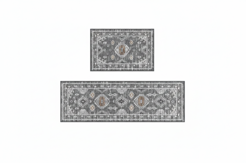 Tapis de Cuisine Oriental Gris Ethnique — Set 2 Pièces Motif Géométrique Boho — Tapis Antidérapant