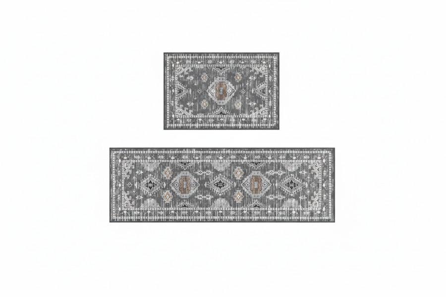 Tapis de Cuisine Oriental Gris Ethnique — Set 2 Pièces Motif Géométrique Boho — Tapis Antidérapant