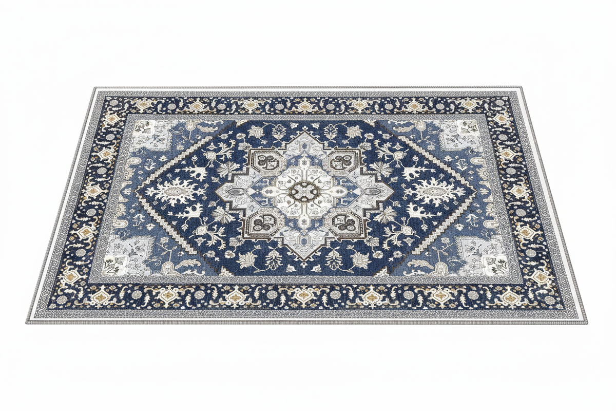 Tapis d'Entrée Oriental Bleu Marine — Motif Géométrique Boho Ethnique | Tapis Antidérapant